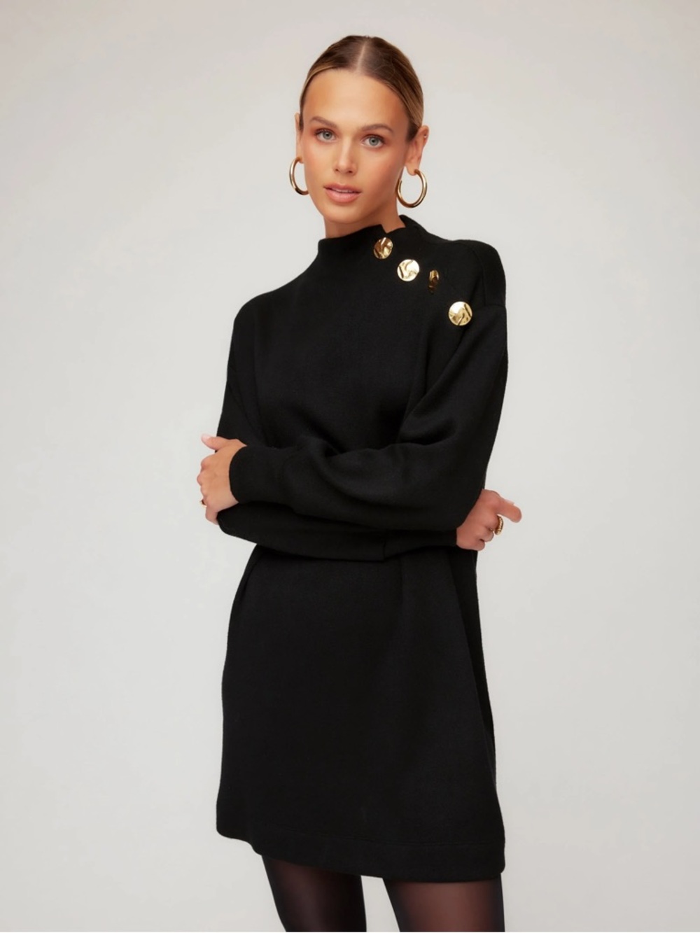 Wool Vintage shift Textured Sweater Dress long sleeves 60s tailored button M